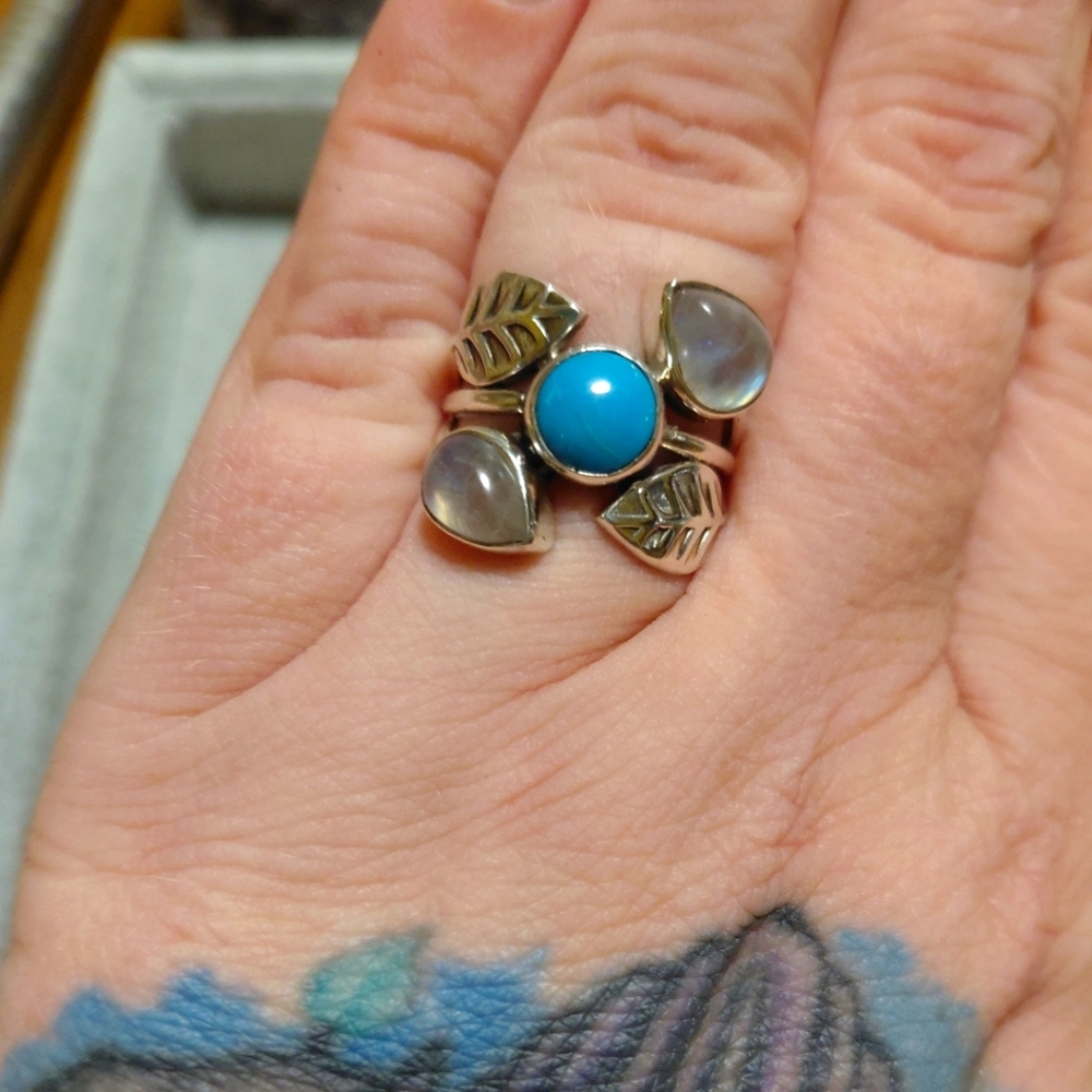 Turquoise And Moonstone Sterling Silver Leaf Ring